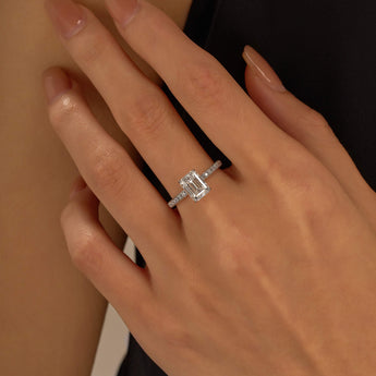 2 Carat Emerald Hidden Halo Moissanite Ring with Pavé Band