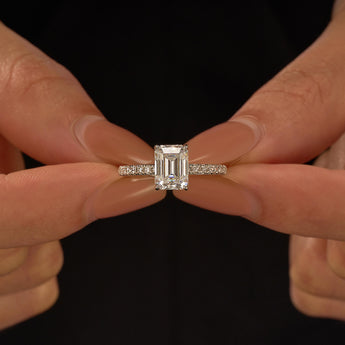 2 Carat Emerald Hidden Halo Moissanite Ring with Pavé Band