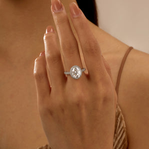 3 Carat Oval Cut Moissanite Double Halo Pavé Band Engagement Ring