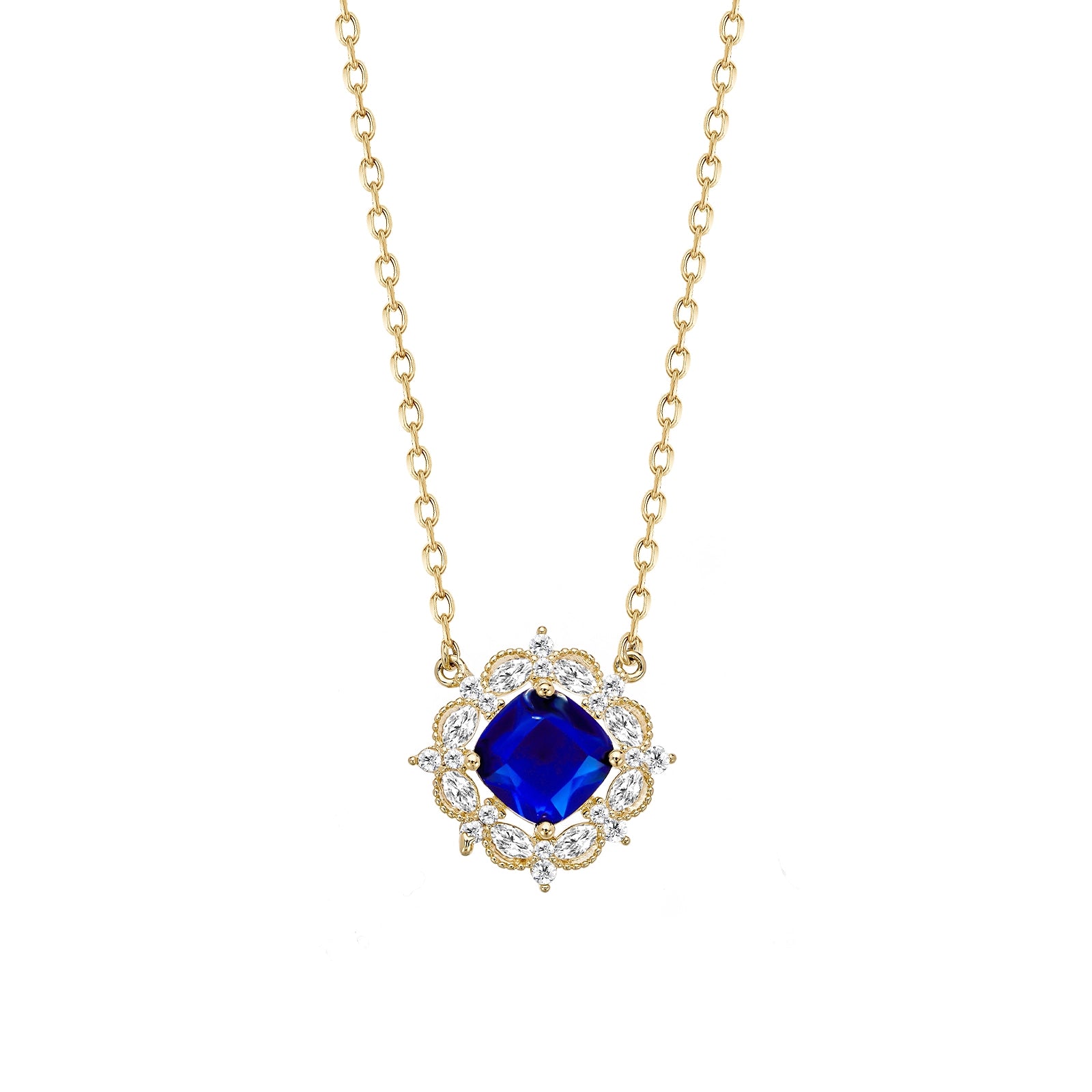 Royal Blue Sapphire Round With Halo Style Pendant Necklace