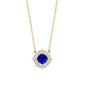 Royal Blue Sapphire Round With Halo Style Pendant Necklace
