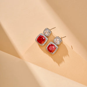 Cushion Cut With Halo Style Red Ruby Drop Earings