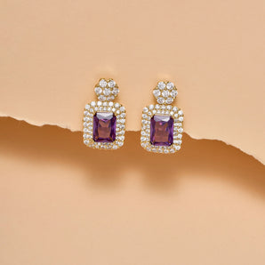Radiant Cut Amethyst Purple With Halo Style Drop Earings
