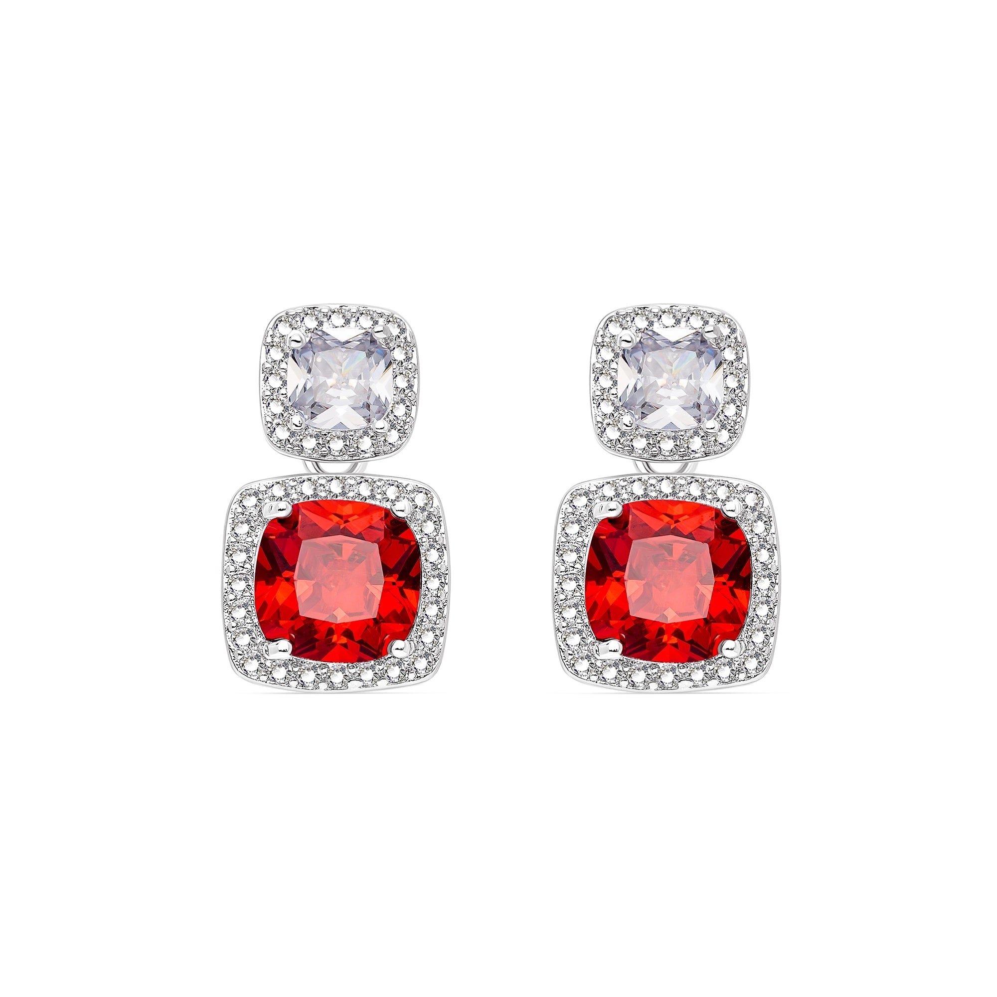 Cushion Cut With Halo Style Red Ruby Drop Earings