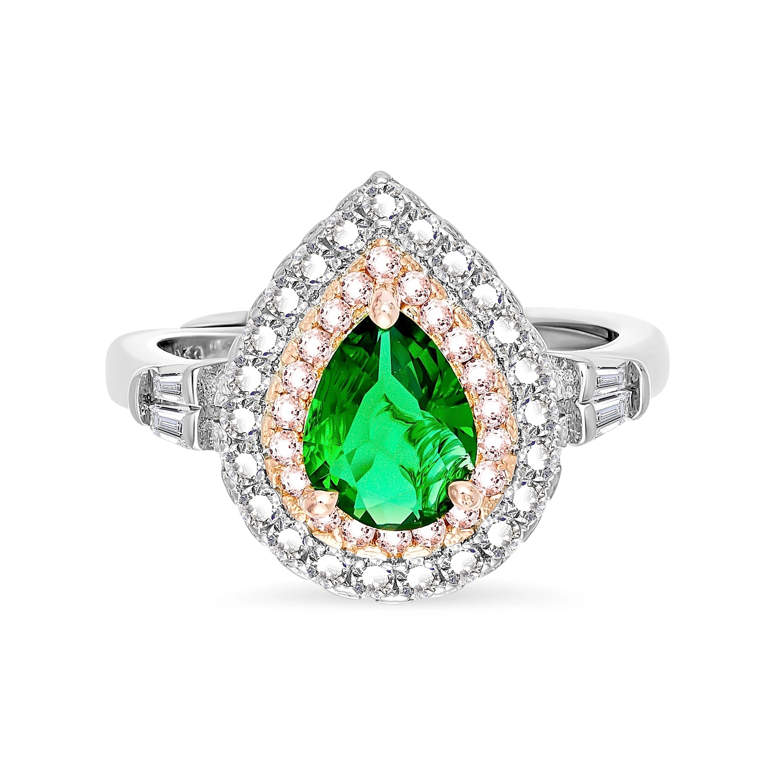Arc And Bold Pear Cut With 2 Lines of Halo Emerald Adjustable Ring