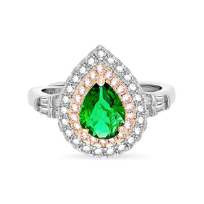 Arc And Bold Pear Cut With 2 Lines of Halo Emerald Adjustable Ring