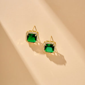 Classic Emerald With Halo Style Earings Studs