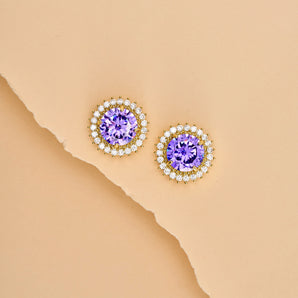 Arc Round Cut With Halo Lavender Amethyst Earings Studs