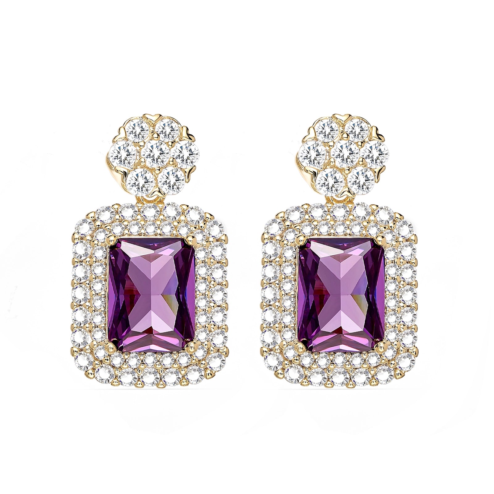 Radiant Cut Amethyst Purple With Halo Style Drop Earings