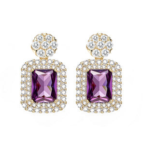 Radiant Cut Amethyst Purple With Halo Style Drop Earings