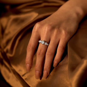 Modern Romance Cluster Round and Pavé Moissanite Trilogy Ring