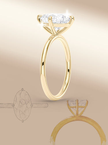 Gold solitaire ring with sparkling oval moissanite stone and hand-drawn jewelry sketches