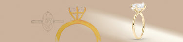 Moissanite engagement ring with gold band, jewelry design sketch, beige background