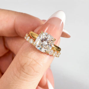 Elongated Cushion Moissanite Solitaire Ring and Full Eternity Band Bridal Set