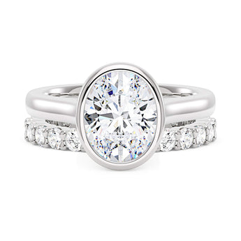 Oval Bezel Engagement Ring And Pave Eternity Wedding Band Set