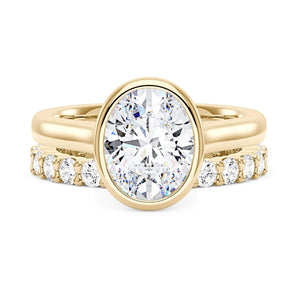 Oval Bezel Engagement Ring And Pave Eternity Wedding Band Set