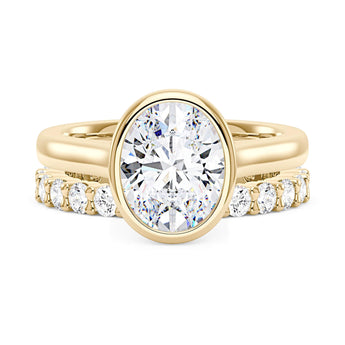 Oval Bezel Engagement Ring And Pave Eternity Wedding Band Set