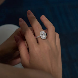4 Carat Art Deco Oval Cut Moissanite Pavé Double Halo Ring