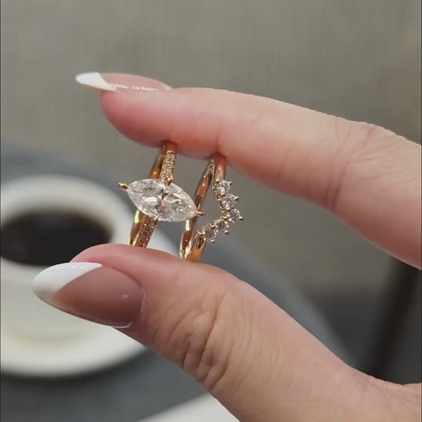 Marquise Cut Moissanite Engagement Ring and Curved Band Set Video