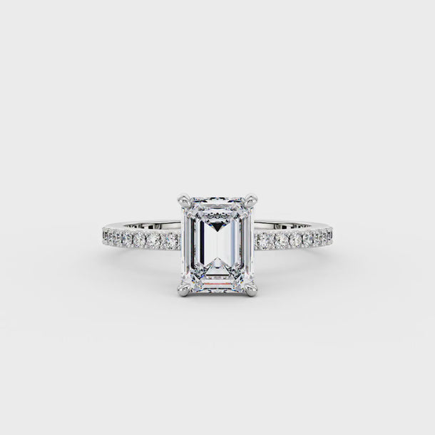 2 Carat Emerald Hidden Halo Moissanite Ring with Pavé Band