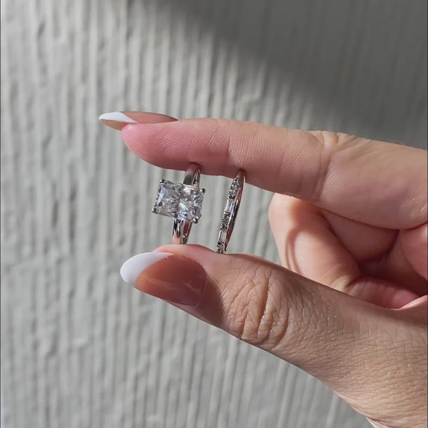 Radiant Moissanite Halo Bridal Ring Set Video