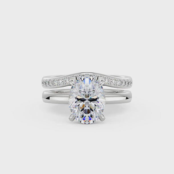 Oval Cut Moissanite Solitaire Engagement Ring and Curved Wedding Band Set