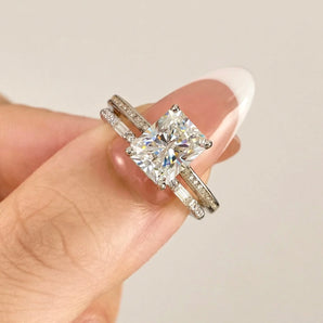 Radiant Moissanite Halo Bridal Ring Set